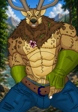 anthro barazoku belt belt_buckle biceps bottomwear bottomwear_down buckle bulge clothed clothing flower forest forest_background fur gloves half_naked handwear male multicolored_body multicolored_fur muscular neck_tuft pants pants_down partially_clothed pecs plant solo tree tuft two_tone_body two_tone_fur underwear underwear_down kingmana deer mammal new_world_deer reindeer absurd_res hi_res