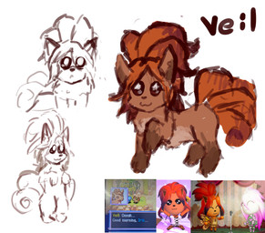 :3 female feral hair multi_tail on_hind_legs orange_body orange_hair pointy_ears ponytail solo standing star_eyes tail tail_swirl raidev miitopia nintendo pokemon pokemon_mystery_dungeon spike_chunsoft veil_(raidev) canid canine generation_1_pokemon mammal pokemon_(species) vulpix reference_image
