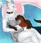 anthro black_body black_scales blue_body blue_eyes blue_feathers bottomwear clothed clothing collar cuddling duo exposed_teeth feathered_wings feathers female hand_on_hand hand_on_leg hand_on_thigh head_on_breast headpat interspecies larger_female looking_at_another looking_at_partner male male/female palphilia petting red_sclera scales shorts size_difference smaller_male smile smiling_at_another smiling_at_partner tail teeth topless topless_male topwear white_body white_feathers wings vulpixxeon mythology palworld pocketpair dinosaur dragon feathered_scalie mythological_creature mythological_scalie pal_(species) prehistoric_species quivern reptile scalie hi_res