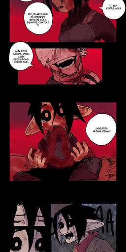 armor black_sclera blood bodily_fluids corpse dream duo female fire gore guts hair humanoid_pointy_ears kerchief male neck_scar nightmare open_mouth organs pointy_ears red_kerchief red_sky screaming sky sleeping tears text what white_hair darkus_art human humanoid mammal comic hi_res spanish_text translation_check translation_request