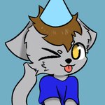 anthro black_nose blue_clothing blue_shirt blue_topwear brown_hair clothing ears_down fur grey_body grey_ears grey_fur hair hat headgear headwear male one_eye_closed party_hat pivoted_ears shirt solo tail tongue tongue_out topwear yellow_eyes young young_anthro conditional_dnp fluffycato tiberius_magnus domestic_cat felid feline felis mammal 1:1 hi_res adult_(lore)