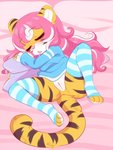 anthro anus blush bottomless butt clitoris clothed clothing female genitals hair legs_up legwear lying on_back pink_hair presenting presenting_pussy pussy sleeping solo spread_legs spreading stockings young young_anthro aoizuri peseta felid mammal pantherine tiger 3:4