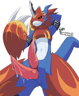 2_penises animal_genitalia animal_penis anthro armor armwear belt blue_body blush bodily_fluids claws clothing erection genital_fluids genitals headgear helmet hemipenes hips_forward inviting inviting_to_sex inviting_viewer legwear looking_at_viewer looking_down looking_down_at_viewer low-angle_view male multi_genitalia multi_penis multicolored_body penis precum presenting presenting_hemipenes presenting_penis red_armor red_eyes smile smirk smug smug_face solo standing tail thick_tail thick_thighs white_body lewdaesthetics bandai_namco digimon mythology digimon_(species) dragon flamedramon humanoid lizard mythological_creature mythological_scalie reptile scalie absurd_res hi_res