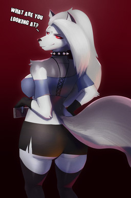 anthro big_butt black_bottomwear black_clothing black_gloves black_handwear black_legwear black_nose black_shorts black_thigh_highs blue_clothing blue_topwear bottomwear breasts butt clothed clothing collar dialogue eyelashes female fingerless_gloves fur gloves gradient_background grey_body grey_fur grey_hair hair handwear legwear long_hair looking_at_viewer looking_back looking_back_at_viewer notched_ear rear_view red_background red_sclera shorts simple_background smile solo spiked_collar spikes talking_to_viewer text thick_thighs thigh_highs topwear white_eyes wide_hips rexonance_(artist) hellaverse helluva_boss mythology loona_(helluva_boss) canid canid_demon canine demon hellhound mammal mythological_canine mythological_creature absurd_res hi_res