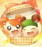 blush brown_body brown_fur clothing duo eyes_closed feral fur hat headgear headwear kemono nude open_mouth orange_body orange_fur ribbons whiskers white_body white_fur huyumikann hamtaro_(series) cappy_(hamtaro) hamtaro cricetid hamster mammal rodent