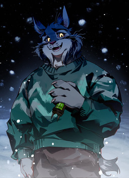 anthro bottomwear brown_bottomwear brown_clothing brown_pants clothing front_view green_clothing green_sweater green_topwear male open_mouth pants smile smirk snow snowing solo standing sweater topwear yellow_eyes shnchm123120 disney zootopia pawbert_lynxley felid feline lynx mammal half-length_portrait hi_res portrait