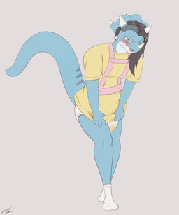anthro blush bodily_fluids clothing diaper dress embarrassed female footwear genital_fluids harness looking_at_viewer raised_tail socks solo tail tears unclean_diaper urine used_diaper wet_diaper steelshark ceratopsian ceratopsid chasmosaurine dinosaur marginocephalian ornithischian prehistoric_species reptile scalie triceratops 5:6 absurd_res hi_res
