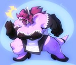 anthro big_breasts blush breasts cleavage clothed clothing female footwear gloves hair hair_over_eyes handwear high_heels huge_breasts maid_apron maid_headdress maid_uniform muscular muscular_anthro muscular_female open_mouth purple_body sharp_teeth shoes simple_background solo teeth thick_thighs uniform superfrenzyhare deltarune undertale_(series) susie_(deltarune) reptile scalie