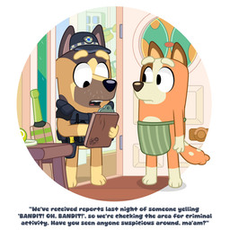 anthro apron apron_only ball bat_(object) border bottomless brown_body brown_fur caption circular_frame clipboard clothed clothing cricket_bat dialogue duo electroshock_weapon female fur gloves_(marking) humor leg_markings male markings orange_body orange_fur police police_officer police_uniform socks_(marking) tan_body tan_fur taser tennis_ball text uniform weapon white_border dm29 bluey_(series) chilli_heeler australian_cattle_dog canid canine canis cattledog domestic_dog german_shepherd herding_dog mammal pastoral_dog 1:1 english_text