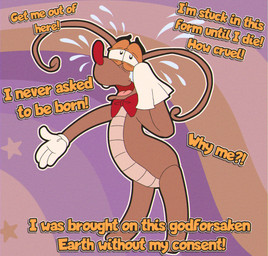 abstract_background anthro bodily_fluids bow_tie brown_body clothing crying gloves handwear hankerchief looking_at_viewer male red_nose solo tears text wiping_tears saltypupcake arthropod blattodean cockroach insect digital_media_(artwork) english_text hi_res