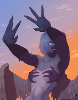 4_fingers anthro areola arms_out back_wings beak black_beak blue_eyes blue_hair bluesky_handle breasts clothed clothing cloud countershade_torso countershading feathers female fingernails fingers grey_body hair logo medium_breasts nails navel nipples non-mammal_breasts non-mammal_navel non-mammal_nipples open_mouth scuted_arms scutes shadow slim solo topless wings avencri shadow_hands_challenge miranda_(avencri) avian bird corvid corvus_(genus) crow oscine passerine hi_res meme