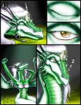 2003 anthro bottomless bra breasts claws close-up clothed clothing comic dragon ear_piercing english_text eyes_closed facial_piercing female green_body green_scales hair horn jewelry markie membrane_(anatomy) membranous_wings mythological_creature mythological_scalie mythology non-mammal_breasts nose_piercing orange_eyes piercing pupils purple_hair scales scalie sleeping slit_pupils solo stretching text underwear wings
