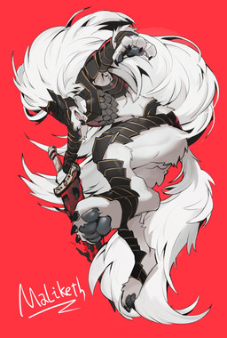 animal_genitalia anthro armor balls claws covered_eyes feet fur genitals hair long_hair male melee_weapon pawpads paws sheath solo sword weapon white_body white_fur white_hair dr.kiyo elden_ring fromsoftware maliketh_(elden_ring) canid canine canis mammal wolf hi_res