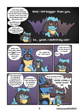 alcohol betting beverage blush drunk duo furniture hand_on_chest hiccuping imminent_vore male open_mouth reverse_mouth_shot size_difference sofa substance_intoxication text arkailart nintendo pokemon generation_4_pokemon lucario pokemon_(species) riolu absurd_res comic english_text hi_res