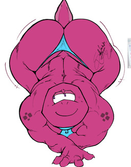 anthro big_butt bodily_fluids butt clothing pink_body simple_background smile solo sweat thong underwear white_background freeposers_(artist) gameoverse glitch_productions gobbles_(gameoverse) dinosaur prehistoric_species reptile scalie 2026 absurd_res hi_res male_(lore)