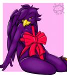 anthro bdsm beak biped bondage bound bow_(feature) bow_in_front bow_ribbon breast_bow breasts female front_view gift_wrapped non-mammal_breasts pose red_eyes ribbon_bondage ribbons simple_background sitting solo teasing text wings yokozuwari fallenfolf pheemy avian bird digital_media_(artwork) english_text portrait three-quarter_portrait