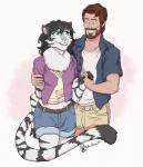 anthro beard black_hair breasts brown_hair clothed clothing duo facial_hair female female_on_human fur green_eyes hair hand_holding human_on_anthro interspecies long_hair male male_on_anthro romantic romantic_couple smile stripes white_body white_fur vuko-jebina chick_(gabrielofcreosha) jasmine_miller felid human mammal pantherine siberian_tiger tiger 2019 absurd_res hi_res