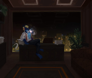 anthro black_bottomwear black_clothing black_pants blonde_hair blue_body blurred_background bottomwear brown_sofa building clothed clothing furniture hair holding_object inside male mouth_closed office open_clothing open_topwear pants paper sitting smile sofa solo tail three-quarter_view topwear unsigned white_clothing white_topwear window yellow_eyes corzh77 mythology teryx_commodore dragon mythological_creature mythological_scalie scalie absurd_res full-length_portrait hi_res portrait
