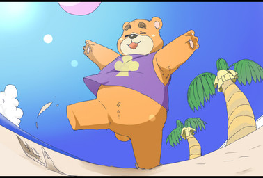anthro beach black_bars black_nose brown_body brown_fur chibi clothing detailed_background eyes_closed fur kemono male outside seaside shirt slightly_chubby solo topwear water inunoshippo animal_crossing nintendo teddy_(animal_crossing) bear mammal 2020 letterbox