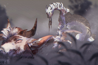 2_horns black_body black_fur blood blood_drip blood_in_mouth blood_on_face blood_splatter blood_string bodily_fluids brown_body brown_fur cheek_tuft death decapitation disembowelment dismemberment dripping duo facial_markings facial_tuft female feral fluffy fog fur fur_markings gore grass hair happy head_horn head_markings horn lying male male/female markings pawpads pink_inner_ear pink_pawpads plant severed_body_part severed_head sky smile solo teeth text tongue tongue_out tree tuft white_body white_fur white_hair yellow_eyes shyryp asian_mythology east_asian_mythology mythology nifiri_(shyryp) yuzuha_ita dragon eastern_dragon mammal mythological_creature mythological_scalie scalie artist_name digital_media_(artwork) hi_res