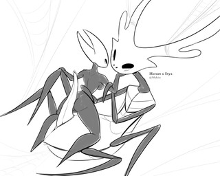 2_horns animal_genitalia animal_penis anthro biped black_body black_eyes black_text bodily_fluids breasts butt duo empty_eyes female genital_fluids genitals horn looking_at_another male male/female multi_limb nude penis precum text latiar hollow_knight:_silksong hollow_knight_(franchise) team_cherry hornet_(hollow_knight) styx_(hollow_knight:_silksong) arthropod 2026 5:4 english_text hi_res monochrome