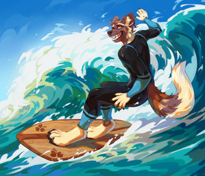 anthro brown_body brown_eyes brown_fur claws finger_claws fur inner_ear_fluff looking_at_viewer male outside solo surfboard surfing tail tan_body tan_fur teeth toe_claws tuft water wave wetsuit corzh77 axel_myers african_wild_dog canid canine mammal 2026 digital_media_(artwork) hi_res