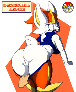 angry anthro assisted_exposure big_butt bottomwear bottomwear_down breasts buckteeth butt cheek_tuft clothed clothing dialogue disembodied_hand eyelashes facial_tuft female fur genitals looking_back open_mouth orange_background orange_body orange_bottomwear orange_clothing orange_fur orange_pants pants pants_down partially_clothed rear_view simple_background solo teeth text thick_thighs tuft vulva white_background white_body white_fur wide_eyed wide_hips duskxvi nintendo pokemon cinderace generation_8_pokemon pokemon_(species) hi_res