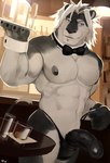 abs anthro areola balls bar barazoku beverage biceps bow_tie bulge chin_piercing clothed clothing clothing_pull container cup drinking_glass erection fur furniture genitals glass glass_container glass_cup hair heterochromia holding_object holding_tray humanoid_genitalia humanoid_penis inside male muscular muscular_anthro muscular_male nave navel nipples pecs penis smile solo standing tail thong thong_only thong_pull topless underwear underwear_only underwear_pull vein veiny_penis waiter tintiai felid lion mammal pantherine digital_media_(artwork)