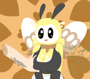 antennae_(anatomy) anthro big_breasts black_eyes blonde_hair breast_grab breasts disembodied_hand duo female hair hand_on_breast scarf smile solo_focus wings yellow_body kyoyasanda nintendo pokemon mivi_(kyoyasanda) arthropod bee generation_7_pokemon hymenopteran insect pokemon_(species) ribombee hi_res signature