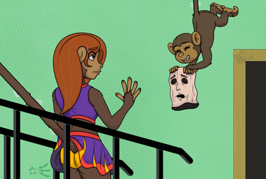 anthro bodily_fluids bottomwear butt cheerleader cheerleader_outfit clothing duo erect_tail eyes_closed female hair holding_object long_hair male mask panties skirt smile standing sweat tail underwear uniform scorpiogustavo disney kim_possible kimberly_ann_possible haplorhine mammal monkey primate