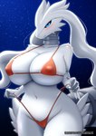 anthro anthrofied big_breasts bikini blush breasts camel_toe clothed clothing female fur huge_breasts looking_at_viewer pokemorph smile solo swimwear two-piece_swimsuit white_body white_fur faroula mythology nintendo pokemon dragon generation_5_pokemon legendary_pokemon mythological_creature mythological_scalie pokemon_(species) reshiram scalie hi_res