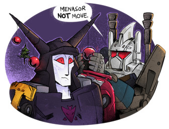baubles bodily_fluids car christmas_bauble christmas_decorations christmas_ornament christmas_tree decepticon duo eyelashes frown holidays horn humor machine male not_furry plant ranged_weapon red_eyes simple_background standing sweat text tree vehicle weapon utility-cavities christmas hasbro takara_tomy transformers bruticus menasor combiner cybertronian humanoid living_machine robot digital_media_(artwork) english_text