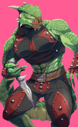abs anthro armor belt bodypaint bottomwear clothing face_paint facial_scar green_body green_scales holding_knife holding_object horn knife leather leather_armor male muscular muscular_male pants pecs scales scar simple_background solo tail thick_tail triceps unconvincing_armor uniformed_male yellow_eyes gunka bethesda_game_studios microsoft skyrim the_elder_scrolls the_dark_brotherhood_(the_elder_scrolls) veezara argonian scalie 2023 hi_res