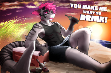 alcohol anthro beach bedroom_eyes beverage blush bottomwear clothing cooler drinking drunk empty_bottle fishnet_clothing fishnet_topwear grass hair harness horn lens_flare looking_at_viewer male mastectomy_scar narrowed_eyes outside pink_hair pink_sclera plant postcard scar seductive shorts sitting solo stripes substance_intoxication sunset swimwear text tongue tongue_out topwear aka_meyneth aquatic fish requiem_shark shark tiger_shark absurd_res hi_res trans_(lore) trans_man_(lore)