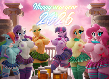 anthro bottomwear clothing female group holidays skirt hooves-art friendship_is_magic hasbro my_little_pony new_year fluttershy_(mlp) pinkie_pie_(mlp) rainbow_dash_(mlp) rarity_(mlp) twilight_sparkle_(mlp) equid equine horse mammal pony 3d_(artwork) absurd_res blender_(artwork) digital_media_(artwork) hi_res