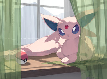 3_toes acting_like_a_cat ambiguous_feral ambiguous_gender cheek_tuft curtains facial_tuft feet feral forehead_gem fur gem inside looking_at_viewer pink_body pink_fur pokeball solo standard_pokeball toes tuft window olyester nintendo pokemon eeveelution espeon felid generation_2_pokemon mammal pokemon_(species) 2025