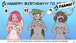 anthro big_breasts blush blush_lines breasts buckteeth covering covering_chest covering_self cupcake dialogue ears_down eyes_closed female flat_chested food front_view fur group hair happy_birthday mouse_tail mouth_closed musical_note musical_symbol navel nude number open_mouth pink_body pink_fur pink_hair pivoted_ears profanity speech_bubble stacking symbol tail teeth text tongue tongue_out trio t-kay fran_cervice katie_tinson sam_rodoric lagomorph leporid mammal mouse murid murine rabbit rodent 2022 half-length_portrait portrait signature