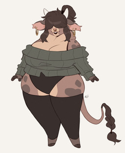 accessory anthro bangs big_breasts bra_strap braided_tail breasts brown_hair cleavage clothed clothing ear_piercing ear_ring facial_piercing female green_clothing green_sweater green_topwear hair hair_accessory hair_over_eyes hair_tie heart_(marking) hoop_ear_ring hooves horn leg_warmers legwear leotard_under_clothing lips markings mole_(marking) nose_piercing nose_ring piercing ring_piercing simple_background smile solo spots spotted_markings sweater tail thick_bottom_lip thick_thighs tied_hair topwear white_background punkinbuu bri_(punkinbuu) bovid bovine cattle highland_cattle mammal hi_res