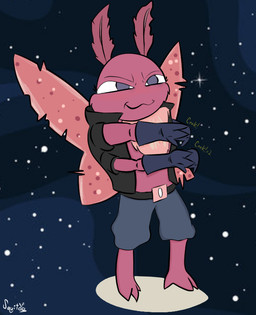 anthro clothed clothing cracking_knuckles female fur gloves handwear no_shoes purple_eyes smile solo space star wings squitoo arthropod insect lepidopteran moth 2023 signature