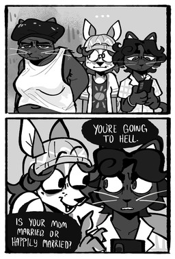 ambiguous_gender anthro beanie bonnet clothing dialogue female group hat headgear headwear humor joke tear_trough text trio jackaroni catnappers cassie_(catnappers) gabbi_(catnappers) koda_(catnappers) canid canine canis chihuahua domestic_cat domestic_dog felid feline felis mammal toy_dog absurd_res comic english_text hi_res monochrome mother_(lore) mother_and_child_(lore) nonbinary_(lore) parent_(lore) parent_and_child_(lore)