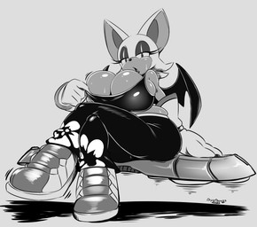 bat_wings big_breasts big_ears breast_squish breasts cleavage cleavage_overflow clothed clothing countershading crossed_legs extreme_gear eyelashes female footwear hair huge_breasts looking_at_viewer low-angle_view membrane_(anatomy) membranous_wings narrowed_eyes pupils shirt shoes short_hair sitting squish text thick_thighs topwear wings conditional_dnp digitaldomain123 sega sonic_the_hedgehog_(series) rouge_the_bat bat mammal 2025 absurd_res artist_name greyscale hi_res monochrome signature