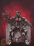 anthro big_muscles bulge chair eyewear furniture glasses glowing glowing_eyes horn huge_muscles latex male muscular muscular_anthro muscular_male solo tentacles throne john_fell bovid bovine cattle mammal symbiote 2016