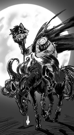 ambiguous_feral ambiguous_gender anthro boots cloak clothed clothed_anthro clothing detachable detachable_head duo feral footwear glowing glowing_eyes gore headless holding_head holding_own_head looking_at_viewer male male_anthro mane moon riding_horse riding_on_back shoes sitting smile steam_from_nostrils tail teeth elvirarecrud equid equine horse mammal procyonid raccoon 2025 digital_media_(artwork) greyscale hi_res monochrome