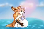 anthro breasts clothing crossgender duo female fur hair looking_at_viewer multicolored_body multicolored_fur pregnant simple_background smile rimarabernadette niri tufts_(character) canid canine fox kangaroo macropod mammal marsupial