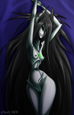 bed bedroom_eyes black_hair crystal fangs female furniture genitals green_eyes green_nipples hair long_hair lying lying_on_bed narrowed_eyes nipples on_back on_bed pale_skin seductive small_waist solo teeth vulva noxon nyxara alien alien_humanoid bat humanoid mammal vampire absurd_res hi_res