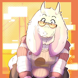 anthro barely_visible_cleavage belly big_ears breasts clothing eyelashes eyewear female glasses horn jacket looking_at_viewer red_eyes smile solo stylized_background sweater tail tinted_glasses topwear unzipped zipper nonientalz undertale_(series) toriel bovid caprine gastropod goat mammal mollusk snail 1:1 hi_res