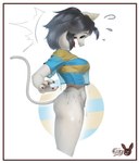 ajiikuo anthro border bottomless breasts clothed clothing crop_top female hi_res shirt side_view simple_background solo surprise tem temmie_(undertale) topwear translucent translucent_clothing undertale undertale_(series) wardrobe_malfunction wet wet_body wet_clothing white_background white_border