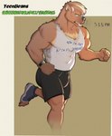 abs anthro blue_eyes bottomwear brown_body brown_fur clean_diaper clock clothed clothing diaper diaper_under_clothing fist footwear fur hair male muscular muscular_anthro muscular_male pecs running shirt shorts solo tank_top text text_on_clothing text_on_shirt text_on_topwear time toeless_footwear topwear watch wearing_diaper syeenyeen bear mammal 2024 absurd_res hi_res