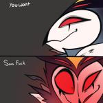 anthro blush clothed clothing dialogue feathers humor male multi_eye open_mouth rape_face red_eyes simple_background smile solo text cal_amitycanyon helluva_boss lemme_smash stolas_(helluva_boss) avian bird demon owl 1:1 2019 english_text meme