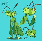 3_fingers 3_toes antennae_(anatomy) anthro blue_background feet fingers green_body green_eyes male sigh simple_background smile solo text tired_eyes toes greenlinzerd alf_(greenlinzerd) arthropod insect mantis 2024 english_text signature